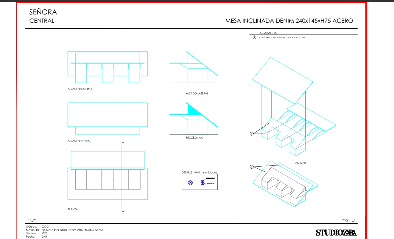 Sp-Mesa Inclinada Denim 240x145xH75 Acero (VER HOJA DE CATALOGO)